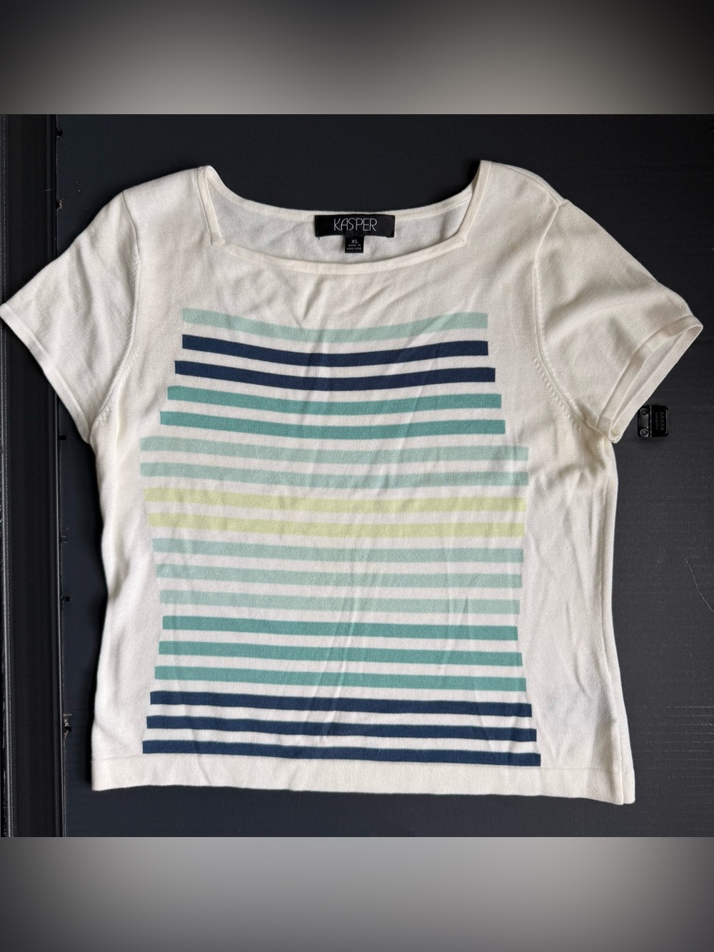 Kasper Cream Knit Top with Navy & Seafoam Stripes